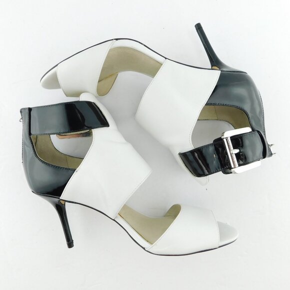 MICHAEL KORS Black White Color Block Leather Logo Buckle Heel Sandals 6 - Picture 3 of 7